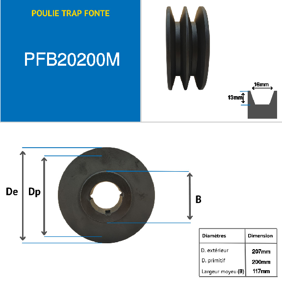 Poleas Poleas trapezoidales con cubo desmontable PFB20200M Polea trapezoidal de hierro fundido tipo SPB / B con cubo desmontable serie 2517 con 2 ranuras, diámetro de paso 200 mm-Leer más