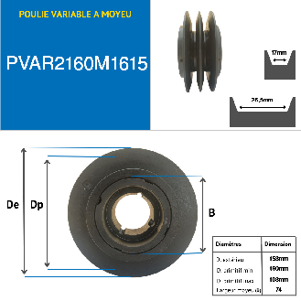 Poleas Poleas trapezoidales variables PVAR2160M1615 Polea trapezoidal variable de hierro fundido con cubo desmontable, serie 1615 con 2 ranuras, diámetro de paso 160 mm-Leer más