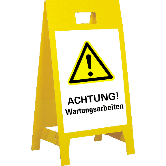 Warnaufsteller Leicht, ACHT.Wartungsarbeiten, gelb, Polypropylen, 350x650mm, 300g, ASR A1.3-Beschreibung lesen