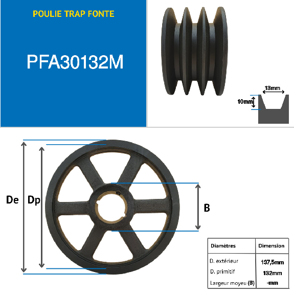 Pulegge Pulegge trapezoidali con mozzo smontabile PFA30132M Puleggia trapezoidale in ghisa tipo SPA / A con mozzo smontabile serie 2012 con 3 gole, passo diametro 132 mm-Leggi tutto