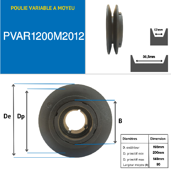 Poleas trapezoidales variables PVAR1200M2012 Polea trapezoidal variable de fundición con cubo desmontable, serie 2012, con 1 ranura, diámetro de paso 200 mm-Leer más