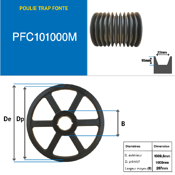 Poulie fonte trapézoïdale type SPC / C à moyeu amovible série 5050 avec 10 gorges, diamétre primitif de 1000 mm Poulie fonte trapézoïdale type SPC / C à moyeu amovible série 5050 avec 10 gorges, diamétre primitif de 1000 mm-Lire la description