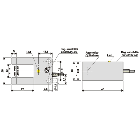 Fourche opt. U PNP NO E=13mm Prof=22mm IR 10-30Vdc / M08 4P+0.3m - FT13-CF PNP NO LC0.30+M8/4-Lire la description