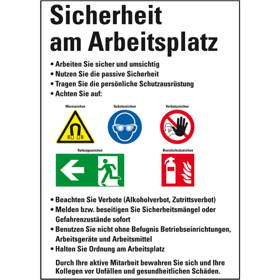 Aushang Sicherheit am Arbeitsplatz, Kunststoff, 500x700mm, ASR A1.3, DIN EN ISO 7010 Aushang Sicherheit am Arbeitsplatz, Kunststoff, 500x700mm, ASR A1.3, DIN EN ISO 7010-Beschreibung lesen