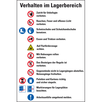 Hinweisschild Verhalten im Lagerbereich, Piktos ISO 7010, Folie, 200x300mm, DIN EN ISO 7010-Beschreibung lesen