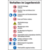 Hinweisschild Verhalten im Lagerbereich, Piktos ISO 7010, Folie, 200x300mm, DIN EN ISO 7010