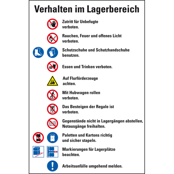 Hinweisschild Verhalten im Lagerbereich, Piktos ISO 7010, Folie, 200x300mm, DIN EN ISO 7010-Beschreibung lesen