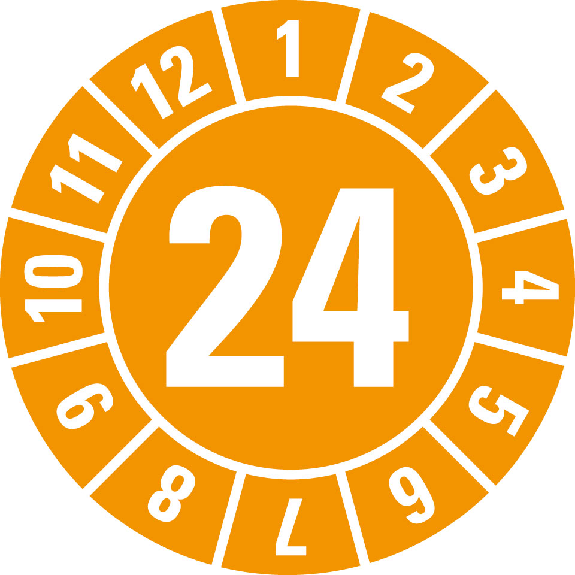 Prüfplakette 24, orange, Folie, für ölige Untergründe, Ø 8mm, 10/Bogen-Beschreibung lesen