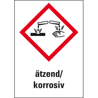 Gefahrensymbol Ätzwirkung GHS 05, ätzend/korrosiv, Folie, 37x26mm, 12/Bogen, GHS-Verordnung-Beschreibung lesen