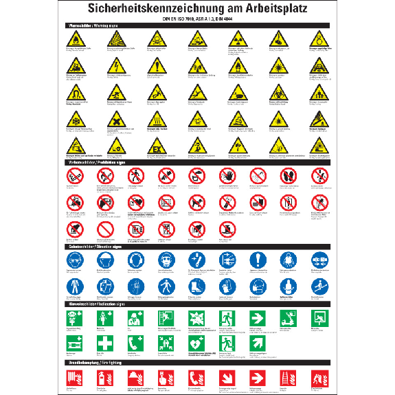 Aushang Sicherheitskennz.am Arbeitsplatz, deutsch/englisch, Kunststoff, 297x420mm, ASR A1.3, DIN EN ISO 7010 Aushang Sicherheitskennz.am Arbeitsplatz, deutsch/englisch, Kunststoff, 297x420mm, ASR A1.3, DIN EN ISO 7010-Beschreibung lesen