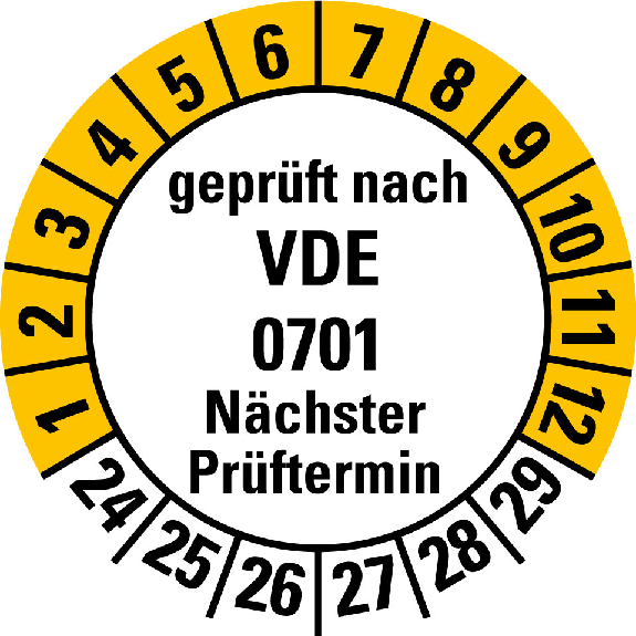 Mehrjahresprüfplakette gepr.nach VDE 0701 NP,24-29,weiß/gelb,Folie,20mm,10/Bogen Mehrjahresprüfplakette gepr.nach VDE 0701 NP,24-29,weiß/gelb,Folie,20mm,10/Bogen-Beschreibung lesen