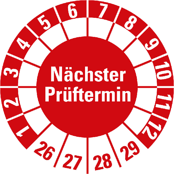 Prüfplakette Nächster Prüftermin 26-29,rot,Folie,selbstklebend,Ø 30mm,10/Bogen-Lire la description