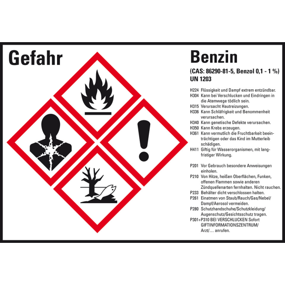Gefahrstoffetikett Benzin UN 1203, GefStoffV/GHS/CLP, 148x105mm, 4/Bogen Gefahrstoffetikett Benzin UN 1203, GefStoffV/GHS/CLP, 148x105mm, 4/Bogen-Beschreibung lesen
