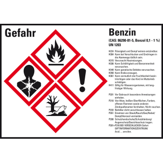 Gefahrstoffetikett Benzin UN 1203, GefStoffV/GHS/CLP, 148x105mm, 4/Bogen-Beschreibung lesen
