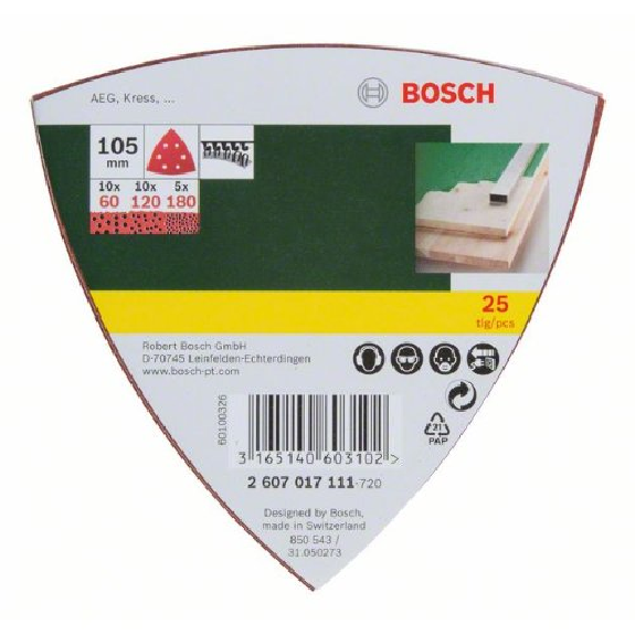 Jeu de feuilles abrasives pour ponceuses Delta, 25 pièces, 6 trous, 105 mm, 60, 120, 180 Jeu de feuilles abrasives pour ponceuses Delta, 25 pièces, 6 trous, 105 mm, 60, 120, 180-Lire la description