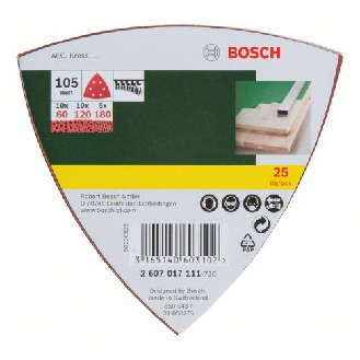 Jeu de feuilles abrasives pour ponceuses Delta, 25 pièces, 6 trous, 105 mm, 60, 120, 180-Lire la description