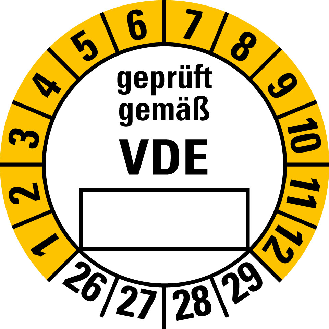 Prüfplakette geprüft gemäß VDE 26-29, Folie, selbstklebend, Ø 20mm, 10/Bogen-Beschreibung lesen