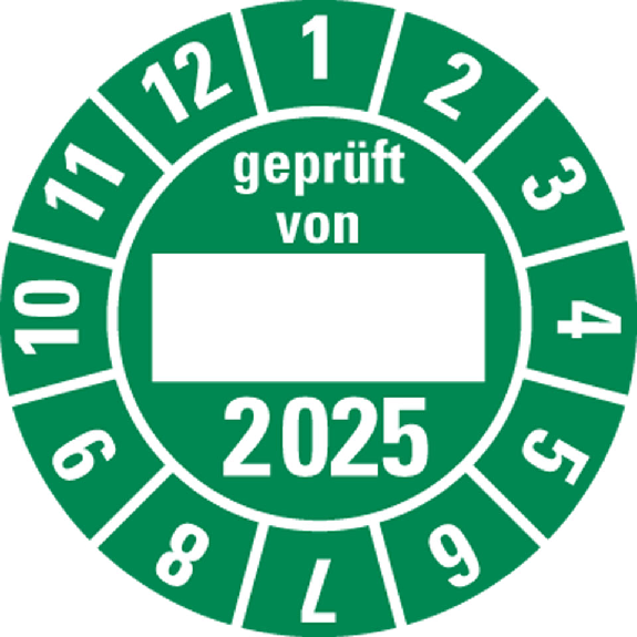 Prüfplakette gepr.von, 2025, Beschriftungsfeld, grün, Folie, Ø 30mm, 10/Bogen Prüfplakette gepr.von, 2025, Beschriftungsfeld, grün, Folie, Ø 30mm, 10/Bogen-Beschreibung lesen