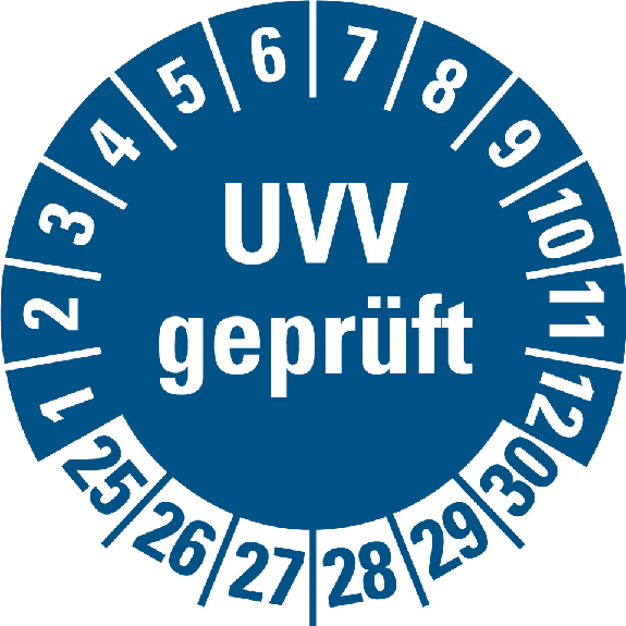 Prüfplakette UVV geprüft, 25-30, blau, Folie, selbstklebend, Ø 30mm, 10/Bogen Prüfplakette UVV geprüft, 25-30, blau, Folie, selbstklebend, Ø 30mm, 10/Bogen-Beschreibung lesen