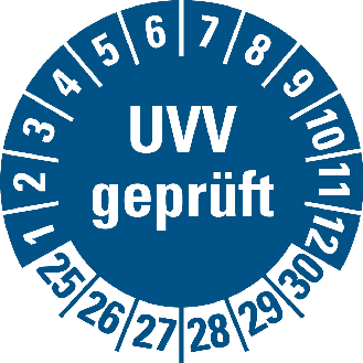 Prüfplakette UVV geprüft, 25-30, blau, Folie, selbstklebend, Ø 30mm, 10/Bogen-Beschreibung lesen