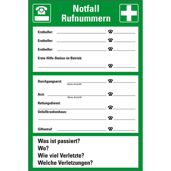 Aushang Notfall Rufnummern, Kunststoff, 300x400mm Aushang Notfall Rufnummern, Kunststoff, 300x400mm-Beschreibung lesen