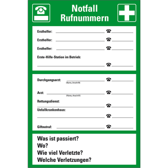 Aushang Notfall Rufnummern, Kunststoff, 300x400mm-Beschreibung lesen