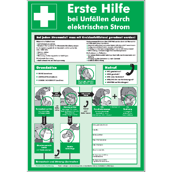 Aushang Erste Hilfe bei Unfällen durch elek.Strom, Folie selbstkl., 575x395mm Aushang Erste Hilfe bei Unfällen durch elek.Strom, Folie selbstkl., 575x395mm-Beschreibung lesen
