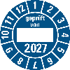 Prüfplakette gepr.von, 2027, Beschriftungsfeld, blau, Folie, Ø 30mm, 10/Bogen Prüfplakette gepr.von, 2027, Beschriftungsfeld, blau, Folie, Ø 30mm, 10/Bogen