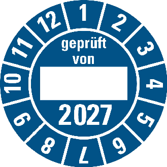 Prüfplakette gepr.von, 2027, Beschriftungsfeld, blau, Folie, Ø 30mm, 10/Bogen-Beschreibung lesen