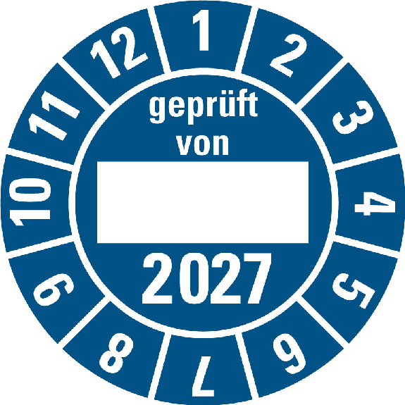 Prüfplakette gepr.von, 2027, Beschriftungsfeld, blau, Folie, Ø 30mm, 10/Bogen Prüfplakette gepr.von, 2027, Beschriftungsfeld, blau, Folie, Ø 30mm, 10/Bogen-Beschreibung lesen