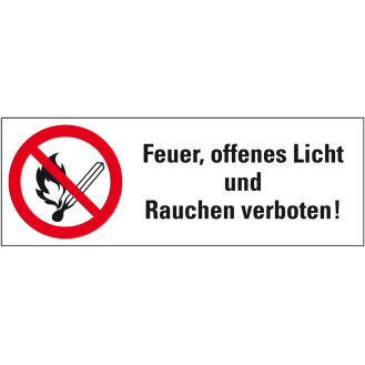 Verbots-Kombischild Feuer, offenes Licht.., praxisbewährt, Folie, selbstklebend, 210x74mm, BGV A8-Beschreibung lesen