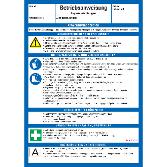 Maschinenbetriebsanweisung Lagereinrichtungen, Kunststoff, 210x297mm, ASR A1.3, DIN EN ISO 7010-Beschreibung lesen