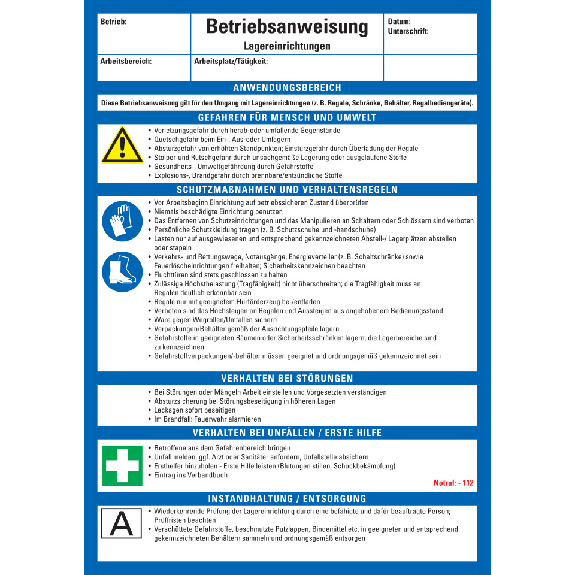 Maschinenbetriebsanweisung Lagereinrichtungen, Kunststoff, 210x297mm, ASR A1.3, DIN EN ISO 7010 Maschinenbetriebsanweisung Lagereinrichtungen, Kunststoff, 210x297mm, ASR A1.3, DIN EN ISO 7010-Beschreibung lesen