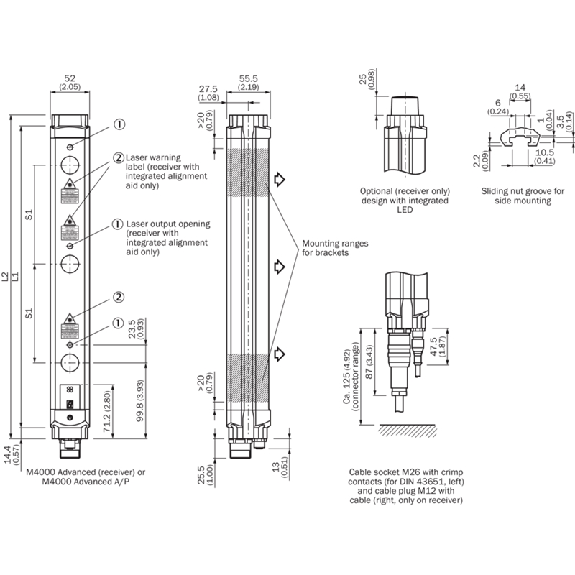 Barrière sécurité T4 3fx Rés=450mm (R) P=70m LED / M26x11+FE / M12x5 - M40E-034523RB0-Lire la description