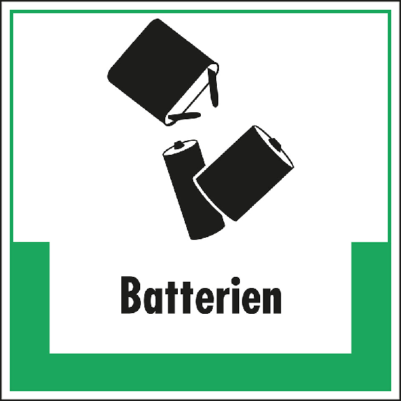 Abfallkennzeichen Batterien, mit Symbol und Text, Folie, selbstklebend, 200x200mm-Beschreibung lesen
