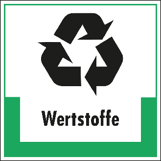 Abfallkennzeichen Wertstoffe, mit Symbol und Text, Kunststoff, 200x200mm-Beschreibung lesen