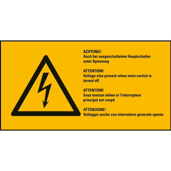Warn-Kombischild Auch bei ausgeschaltetem,RoHS konform,4-sprachig,Folie,52x105mm Warn-Kombischild Auch bei ausgeschaltetem,RoHS konform,4-sprachig,Folie,52x105mm-Beschreibung lesen