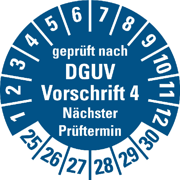 Prüfplakette geprüft nach DGUV Vorschrift 4,NP,25-30,blau,Folie,Ø 30mm,10/Bogen-Leggi tutto