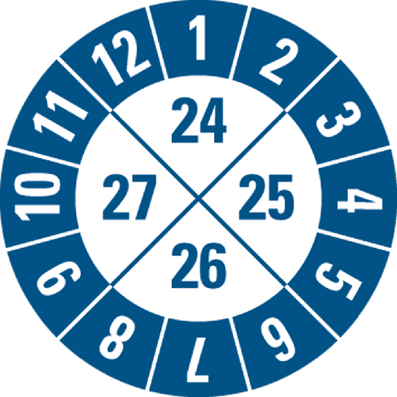 Prüfplakette, Jahresbereich 24-27, blau/weiß, Folie, selbstkl., Ø 20mm, 10/Bogen-Beschreibung lesen