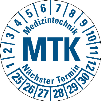 Prüfplakette MTK 25-30,weiß/blau,DIN EN 60601-01,Spezialkleber,Ø 30mm,10/Bogen-Beschreibung lesen
