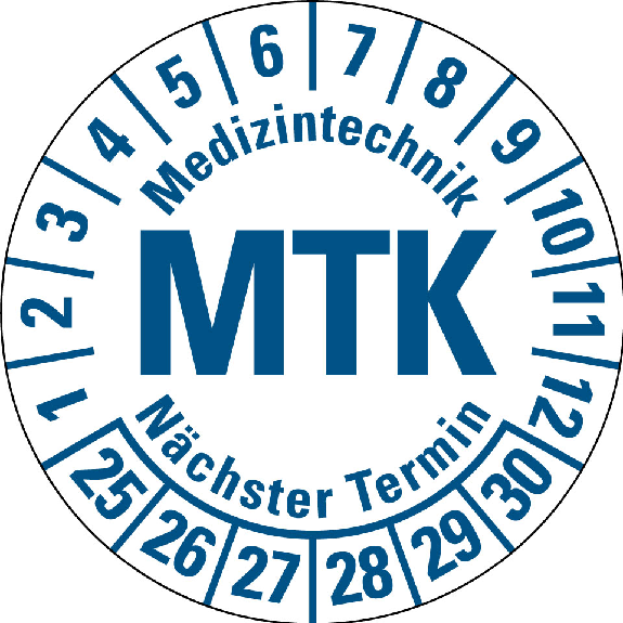 Prüfplakette MTK 25-30,weiß/blau,DIN EN 60601-01,Spezialkleber,Ø 30mm,10/Bogen Prüfplakette MTK 25-30,weiß/blau,DIN EN 60601-01,Spezialkleber,Ø 30mm,10/Bogen-Beschreibung lesen
