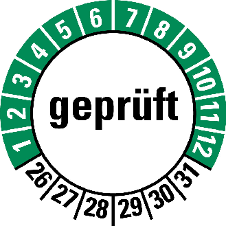 Prüfplakette geprüft, 26-31, weiß/grün, Folie, selbstklebend, Ø 30mm, 10/Bogen-Beschreibung lesen