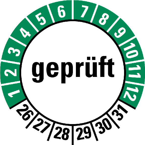 Prüfplakette geprüft, 26-31, weiß/grün, Folie, selbstklebend, Ø 30mm, 10/Bogen Prüfplakette geprüft, 26-31, weiß/grün, Folie, selbstklebend, Ø 30mm, 10/Bogen-Beschreibung lesen