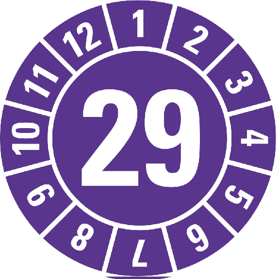 Prüfplakette 29, violett, Folie, selbstklebend, Ø 30mm, 10/Bogen Prüfplakette 29, violett, Folie, selbstklebend, Ø 30mm, 10/Bogen-Beschreibung lesen