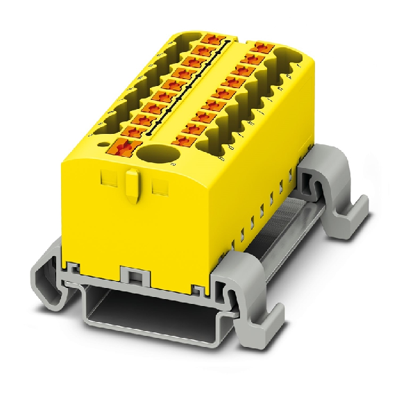 Bloc distributeur, 690V, 24A, Push-in, 19x 0,14-4mm², jaune - PTFIX 6/18X2,5-NS35A YE Bloc distributeur, 690V, 24A, Push-in, 19x 0,14-4mm², jaune - PTFIX 6/18X2,5-NS35A YE-Lire la description