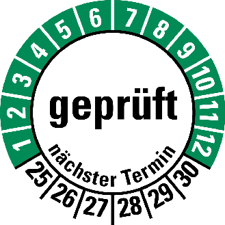 Prüfplakette geprüft nächster Termin,25-30,Folie,selbstklebend,Ø 30mm,10/Bogen-Beschreibung lesen
