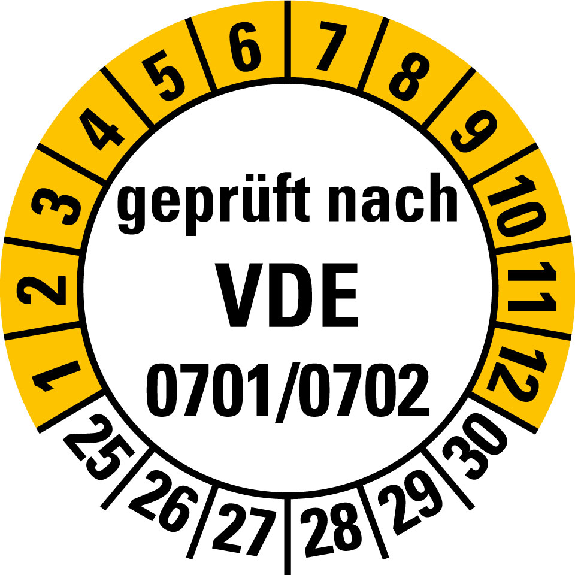 Prüfplakette geprüft nach VDE 0701/0702,25-30,Folie,selbstkl.,Ø 30mm,10/Bogen Prüfplakette geprüft nach VDE 0701/0702,25-30,Folie,selbstkl.,Ø 30mm,10/Bogen-Beschreibung lesen