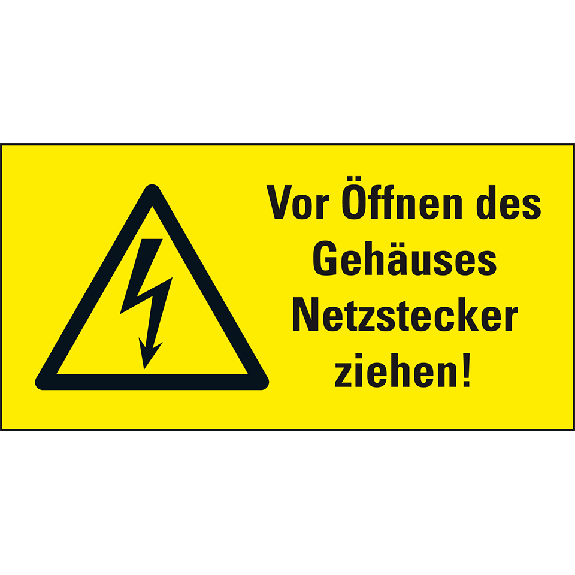 Warn-Kombischild Vor Öffnen des Gehäuses Netzstecker ziehen, praxisbewährt, Folie, 105x52mm-Beschreibung lesen