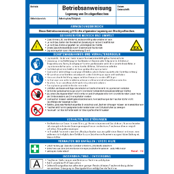 Maschinenbetriebsanweisung Lagerung von Druckgasflaschen, Kunststoff, 210x297mm, ASR A1.3, DIN EN ISO 7010 Maschinenbetriebsanweisung Lagerung von Druckgasflaschen, Kunststoff, 210x297mm, ASR A1.3, DIN EN ISO 7010-Beschreibung lesen