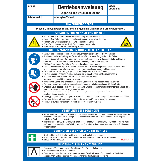 Maschinenbetriebsanweisung Lagerung von Druckgasflaschen, Kunststoff, 210x297mm, ASR A1.3, DIN EN ISO 7010-Beschreibung lesen